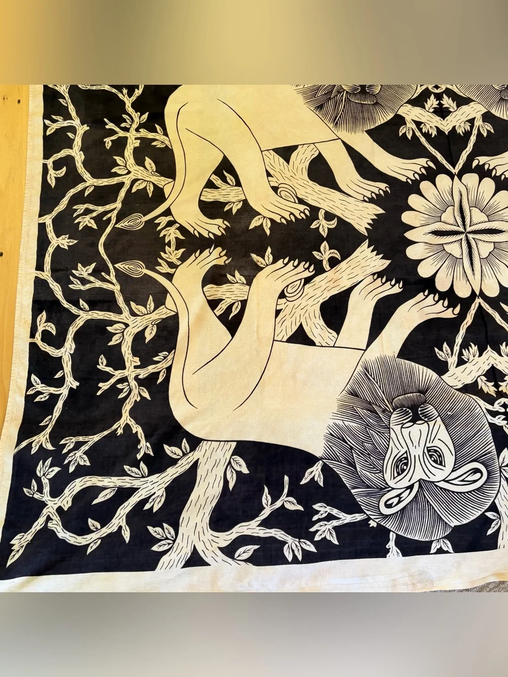 Vtg 4 Lions Vine Tree Jungle Cotton Tablecloth Art Wall Tapestry Made in India